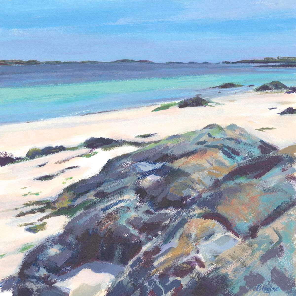 Rocks, Sand, Sea Acrylic on archival paper. Bespoke frame with art glass. 54cm square.
