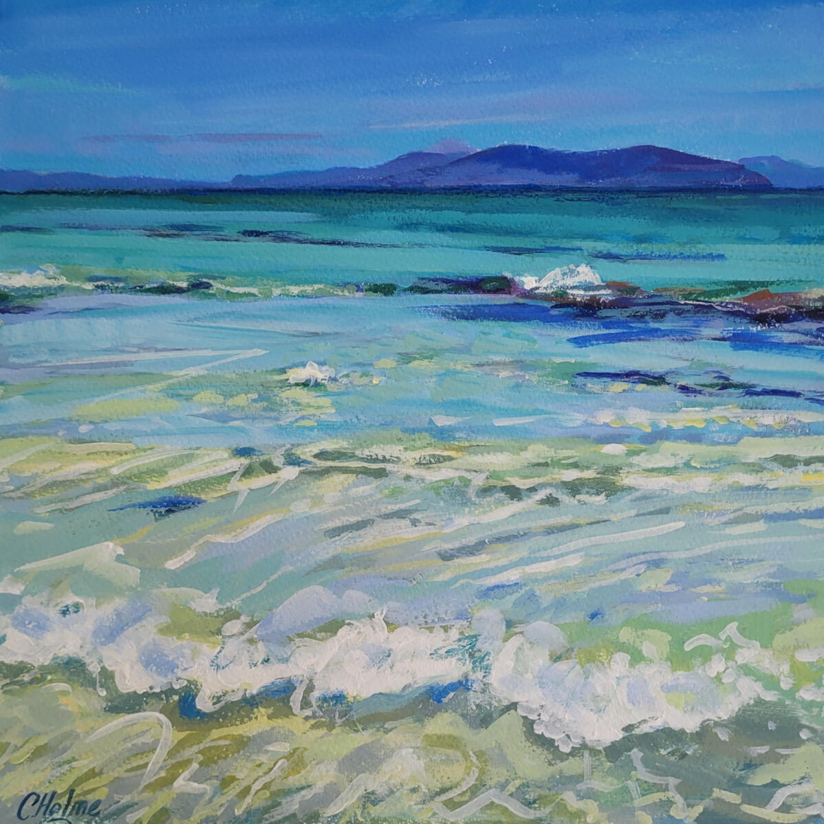 The Blues and Greens Acrylic on archival paper. Bespoke frame with art glass. 47cm square.