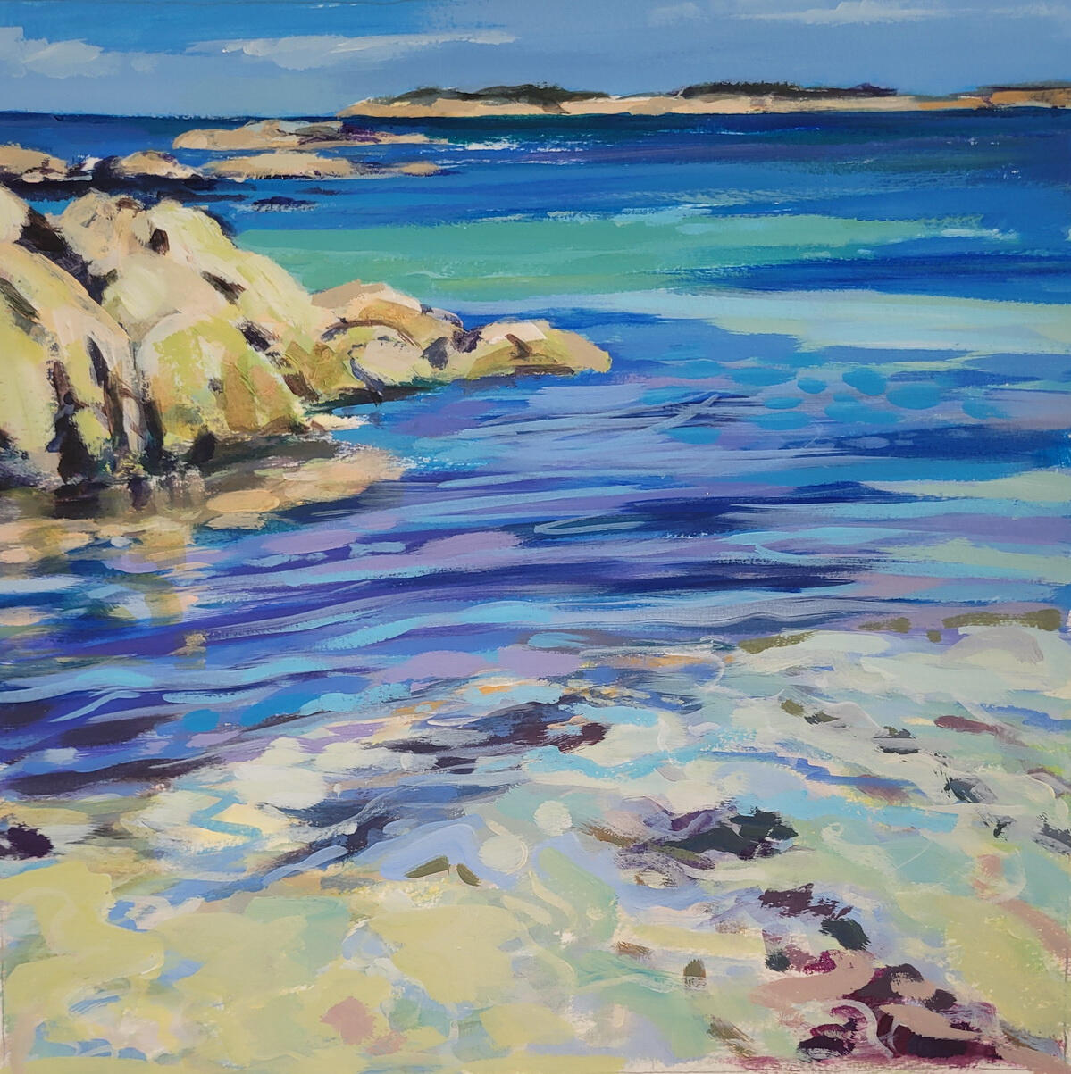 Sun Scorched Rocks Acrylic on archival paper. Bespoke frame with art glass. 47cm square.