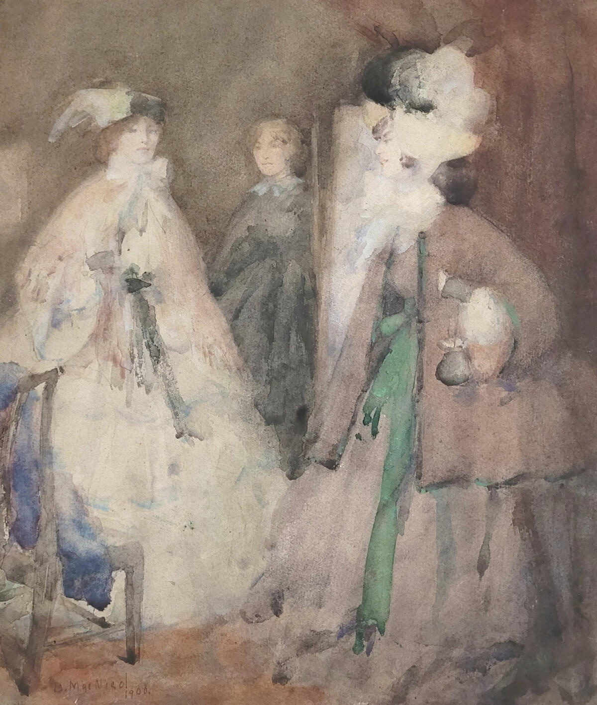 Three Ladies of Fashion by Bessie MacNicol, 1900. Watercolour on paper.